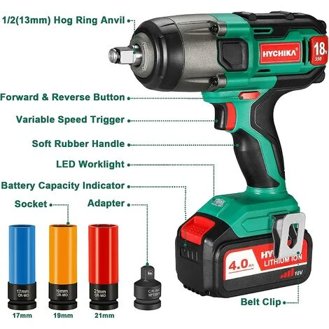 Akku Schlagschrauber, HYCHIKA 350N·m Schlagschrauber Mit 4,0 Ah 18 V Batterie, 3000 IPM Schlagfrequenz, 3PCS Buchsen Für 17/19/21mm, Adapter Für 10 Mm Dorn Und Aufbewahrungsbox Für Radschrauben 4 Akku Schlagschrauber, HYCHIKA 350N·m Schlagschrauber Mit 4,0 Ah 18 V Batterie, 3000 IPM Schlagfrequenz, 3PCS Buchsen Für 17/19/21mm, Adapter Für 10 Mm Dorn Und Aufbewahrungsbox Für Radschrauben – Bild 2