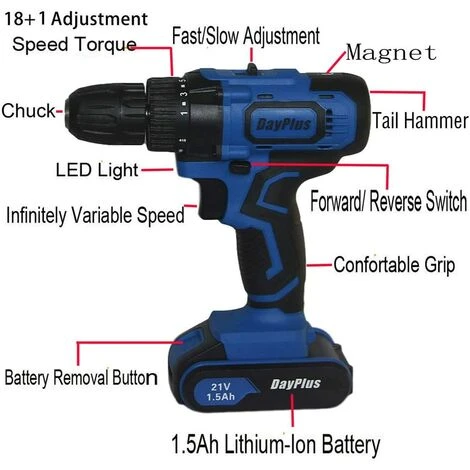 DAY PLUS 21V Akku-Bohrschrauber Mit Hammerkopf Magnet Funktion,1x 1.5Ah Akku,45Nm 18+1 Drehmomentstufen Akku-Bohrer Akkuschrauber 2 Gang 29-tlg Zubehör-Set Neu 5 DAY PLUS 21V Akku-Bohrschrauber Mit Hammerkopf Magnet Funktion,1x 1.5Ah Akku,45Nm 18+1 Drehmomentstufen Akku-Bohrer Akkuschrauber 2 Gang 29-tlg Zubehör-Set Neu – Bild 4