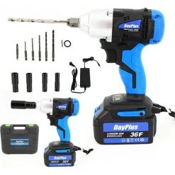 DAY PLUS Akku Schlagschrauber Akku-Bohrer 2 In 1, 420Nm Drehschlagschrauber, 1/2 Zoll Bohrfutter Schlagschrauber (18V 6.0Ah Akku) Eingebautes LED-Arbeitslicht, 4 Stecknüsse, 6 Bohrern & Transportkoffer