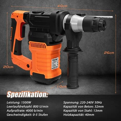 GOPLUS Professional Bohrhammer, 1500W Elektrobohrmaschine Mit 8mm/10mm/12mm Bohrer, 800 U/min & 4000 B/min Schlagbohrmaschine Mit 6 Gaenge Für Holz Beton Stahl 7 GOPLUS Professional Bohrhammer, 1500W Elektrobohrmaschine Mit 8mm/10mm/12mm Bohrer, 800 U/min & 4000 B/min Schlagbohrmaschine Mit 6 Gaenge Für Holz Beton Stahl – Bild 5