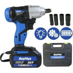 DAY PLUS Elektro Akku Schlagschrauber Schlagschrauberpistolen Set 1/2" Mit 4 Buchsen Werkzeugkoffer 6,0Ah Li-Ionen Batterie Hochdrehmoment Leistungsstarker Treiberschlüssel Max. 2900rpm 420Nm