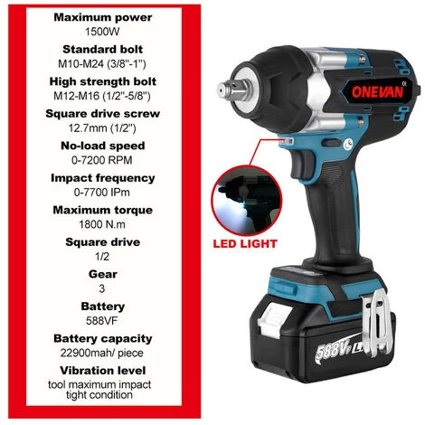 ONEVAN Akku-Schlagschrauber, Akku-Drehschlagschrauber 1800N.M Akku-Schlagschrauber Für LKWs 1/2 Zoll Für 18V Makita Akku-Antriebswerkzeug – Mit 2 Akkus 4 ONEVAN Akku-Schlagschrauber, Akku-Drehschlagschrauber 1800N.M Akku-Schlagschrauber Für LKWs 1/2 Zoll Für 18V Makita Akku-Antriebswerkzeug – Mit 2 Akkus – Bild 2