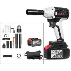 FREOSEN Bürstenloser Akku Schlagschrauber, 4.0 Ah 398TV Akku Steckschlüssel Vierkantantrieb Leistungsstarker Brushless Motor, Mit 16 Zubehörteil